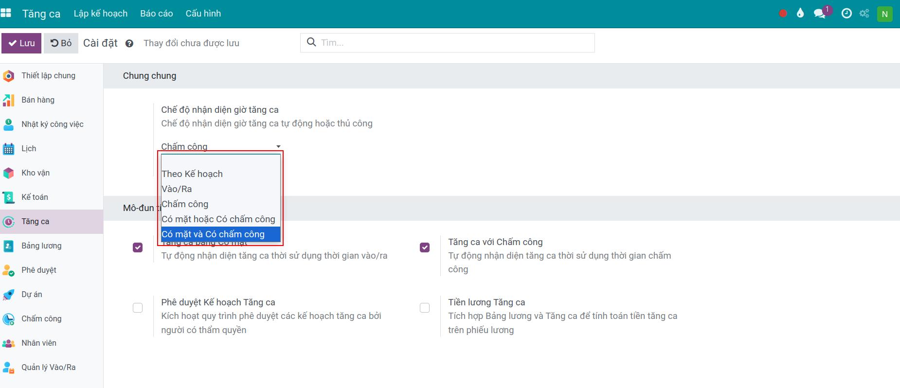 Kích hoạt Chấm công tăng ca và Điểm danh Tăng ca