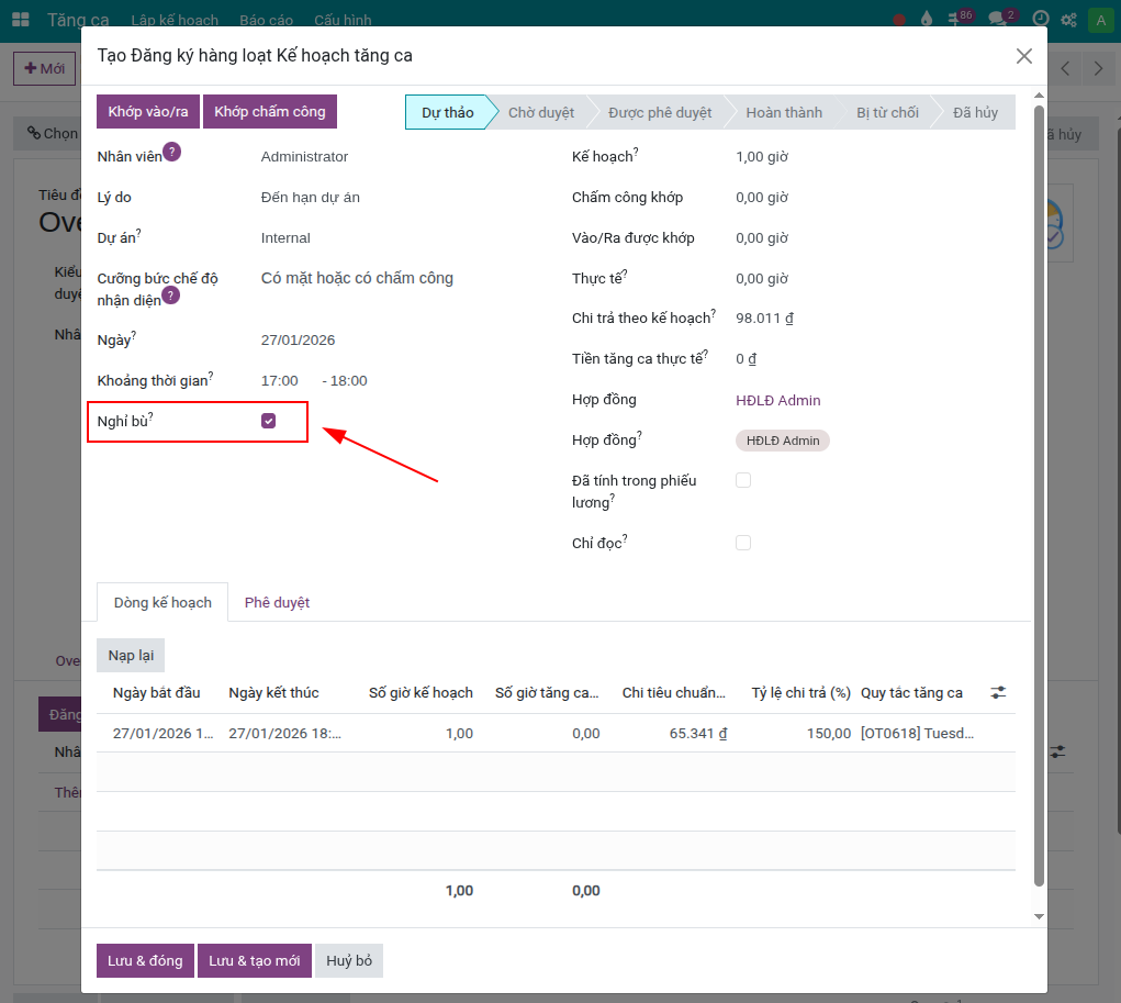 Nhân viên đề nghị tăng ca và chọn nhận ngày nghỉ bù
