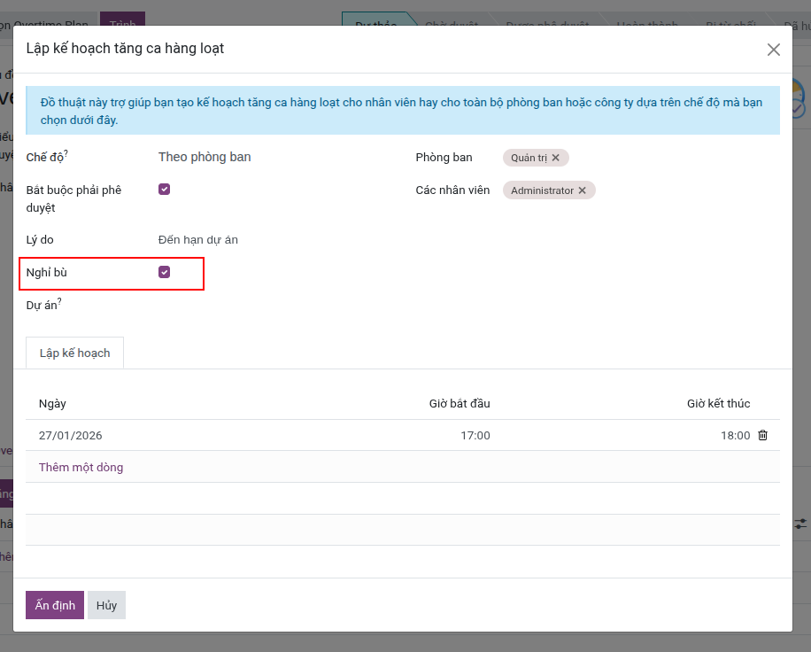 Nhân viên đề nghị tăng ca và chọn nhận ngày nghỉ bù