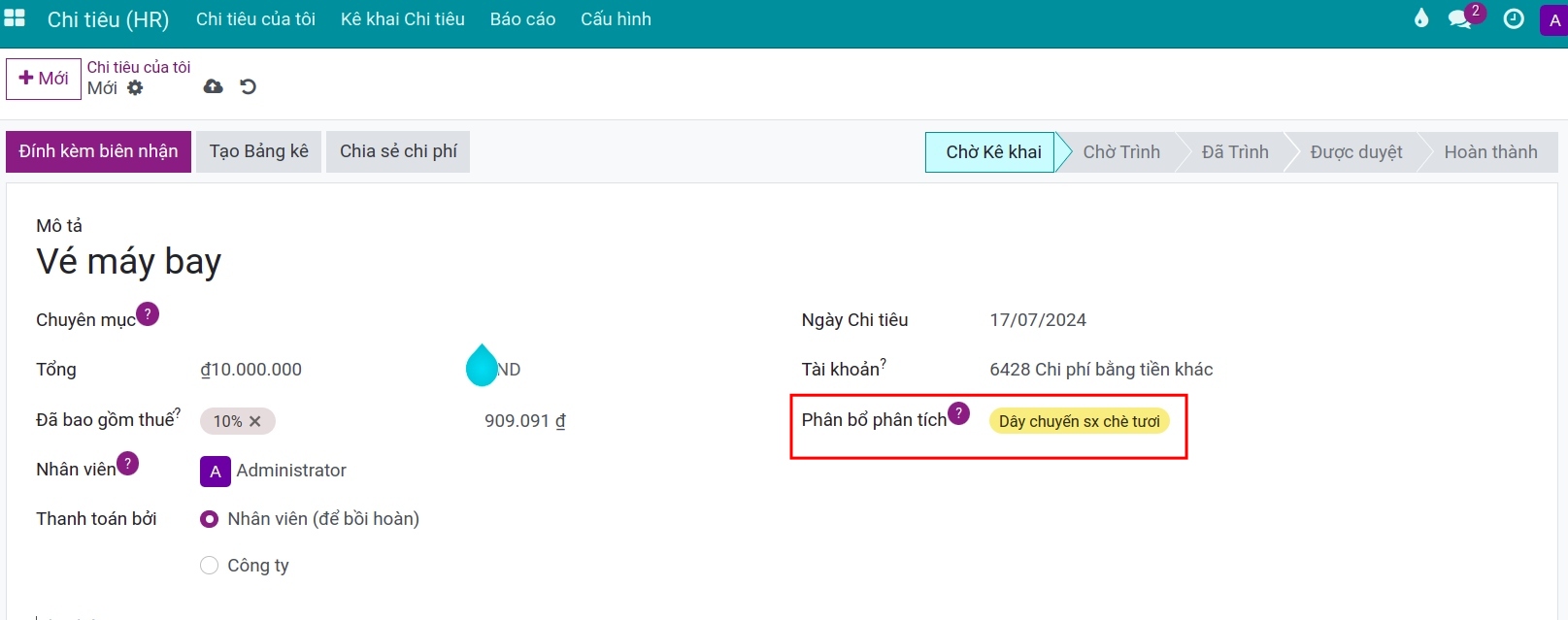 Tài khoản kế toán quản trị trên chi tiêu nhân viên Viindoo
