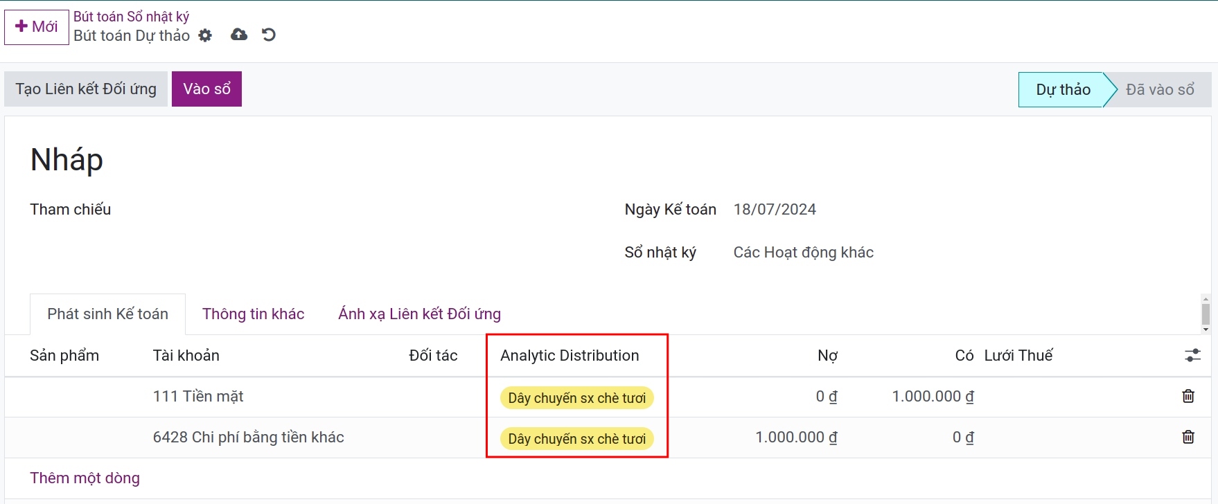 Tài khoản kế toán quản trị trên bút toán sổ nhật ký Viindoo