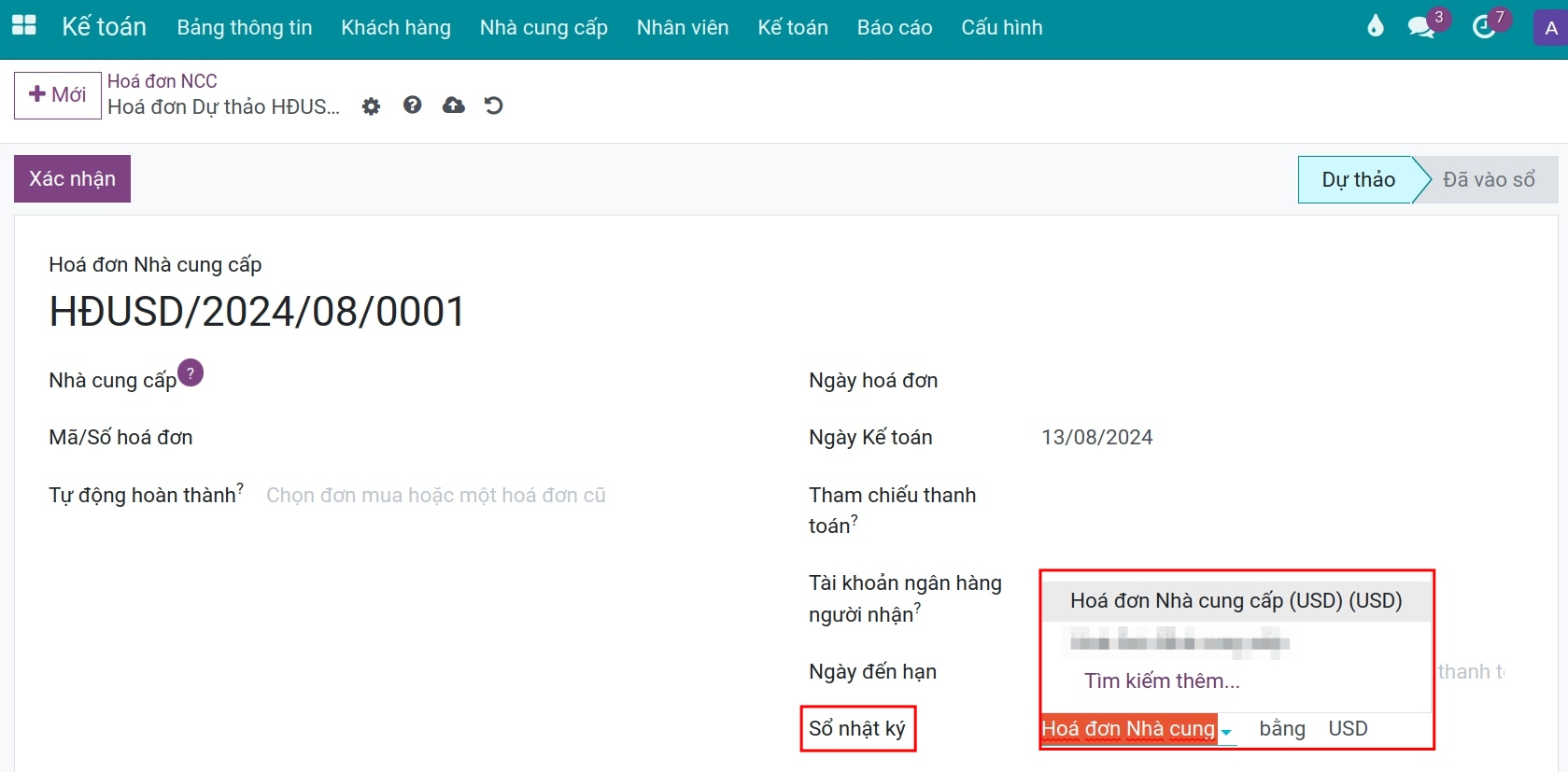 Chọn sổ nhật ký trên giao diện hóa đơn Viindoo