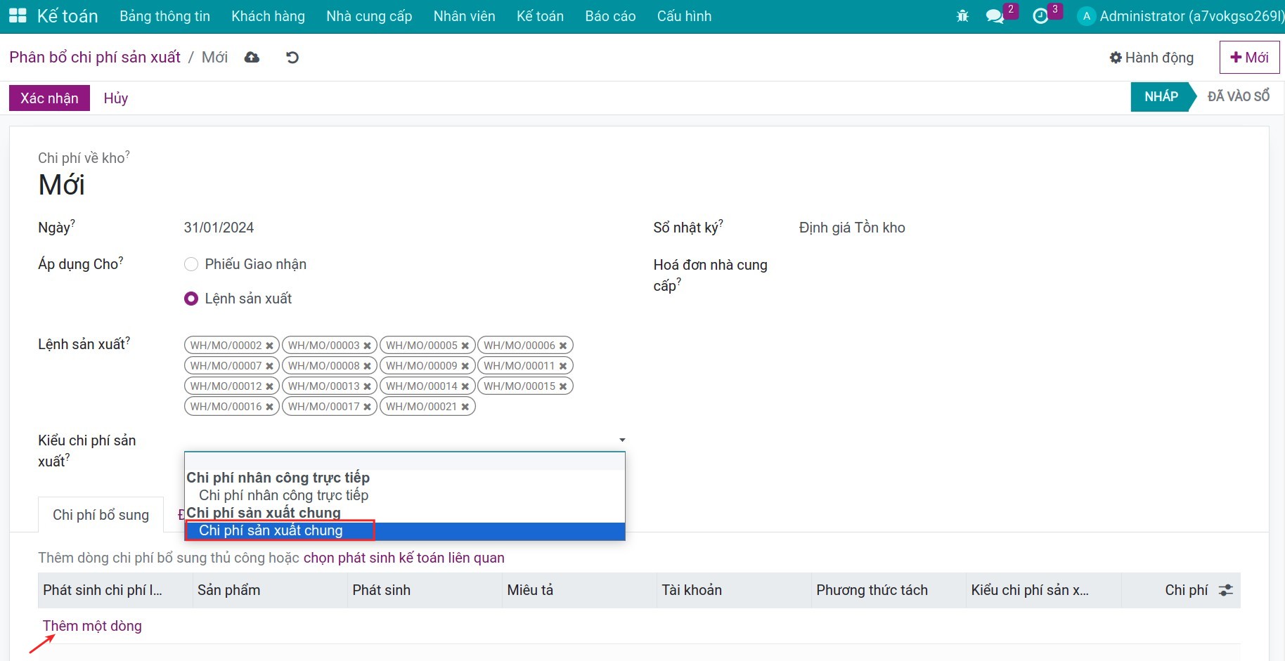 Kiểu chi phí sản xuất chung trong Viindoo