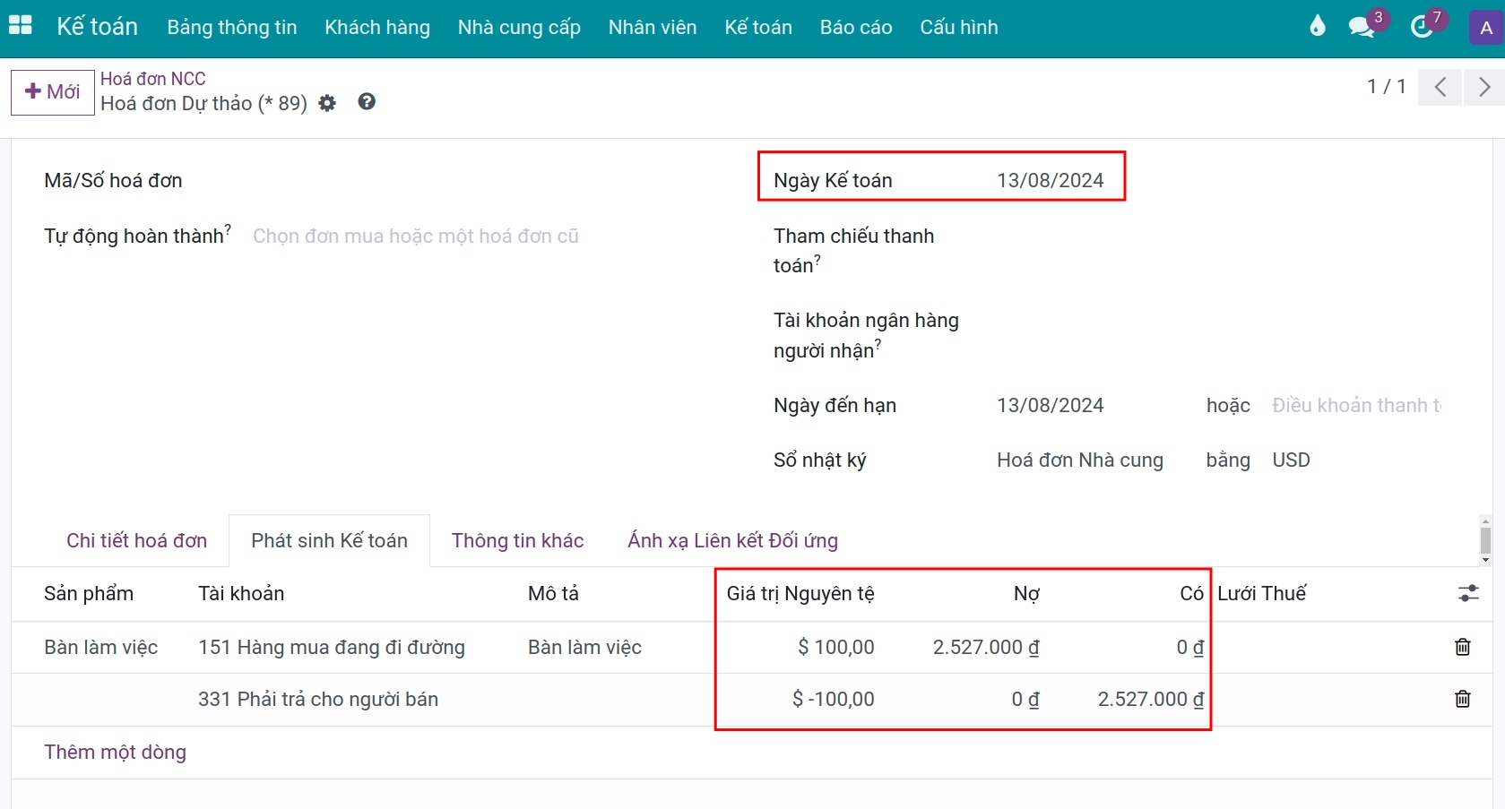 Quy đổi tỷ giá trên hóa đơn nhà cung cấp Viindoo 