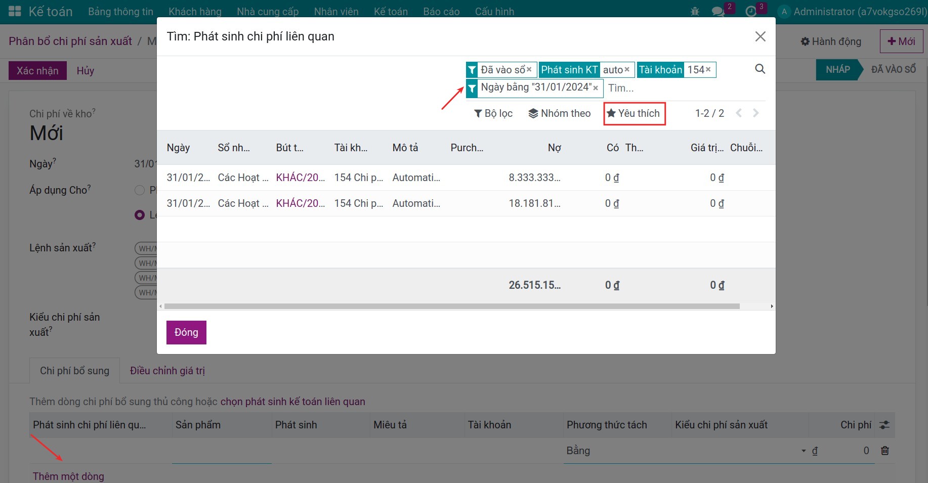 Các phát sinh liên quan để phân bổ trong Viindoo