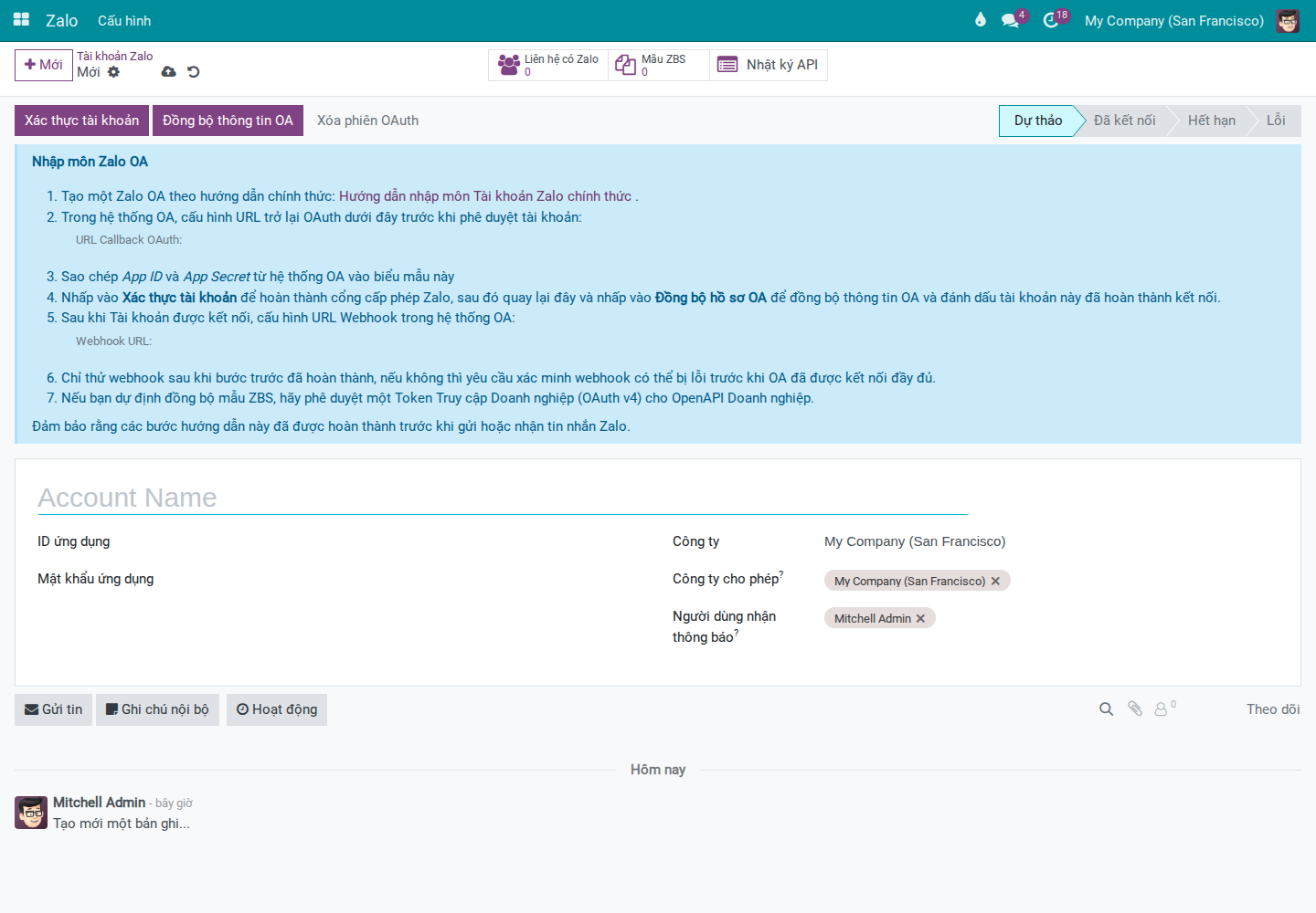 Form tạo mới Zalo Account với khối hướng dẫn onboarding và các trường bắt buộc