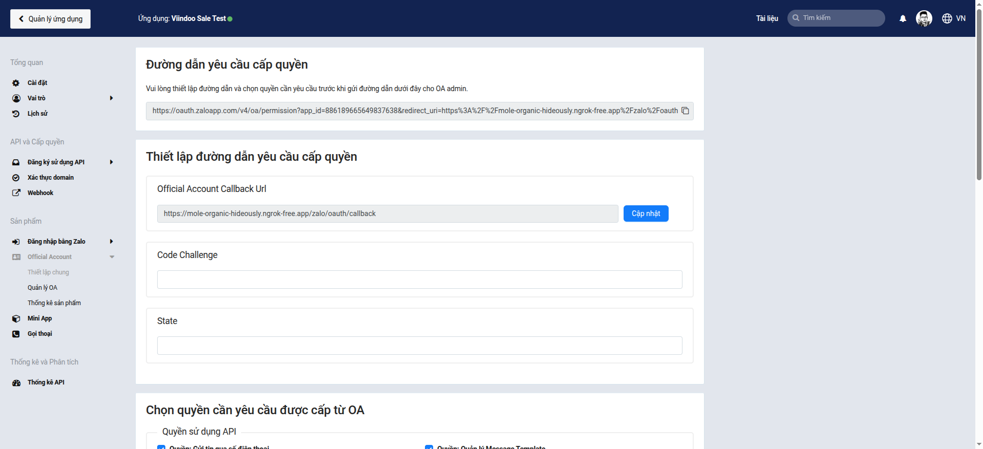 Zalo OA Console mục Official Account hiển thị trường Official Account Callback Url để cập nhật đường dẫn callback từ Viindoo