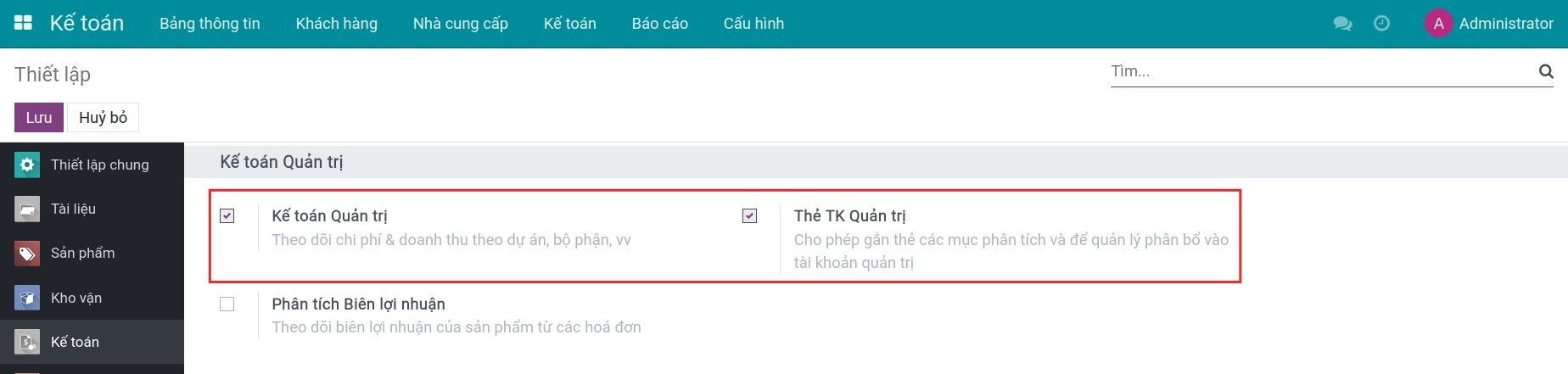 Kích hoạt tính năng Kế toán quản trị