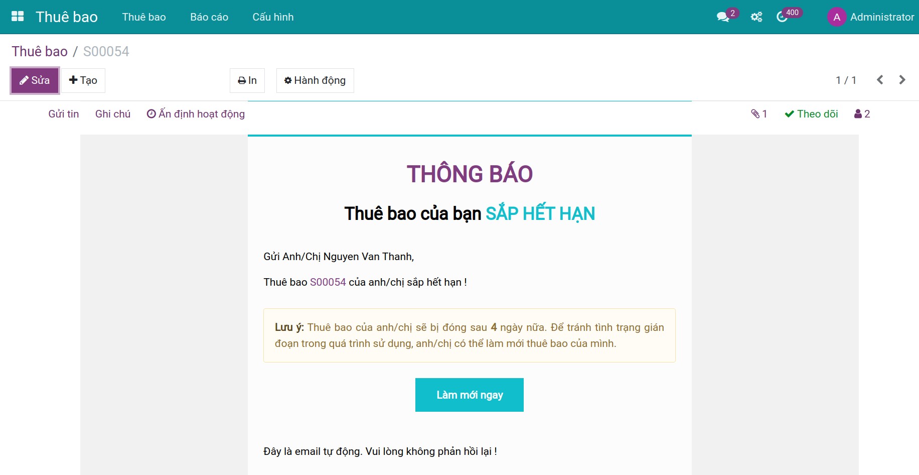 Thông báo thuê bao cần làm mới Viindoo