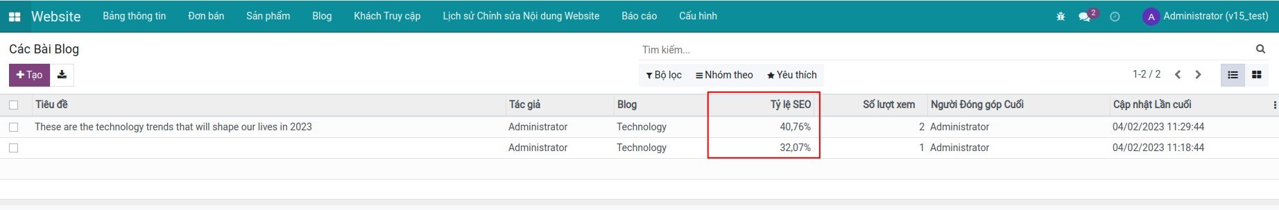 Bổ sung thông tin tỷ lệ SEO trên giao diện danh sách blog