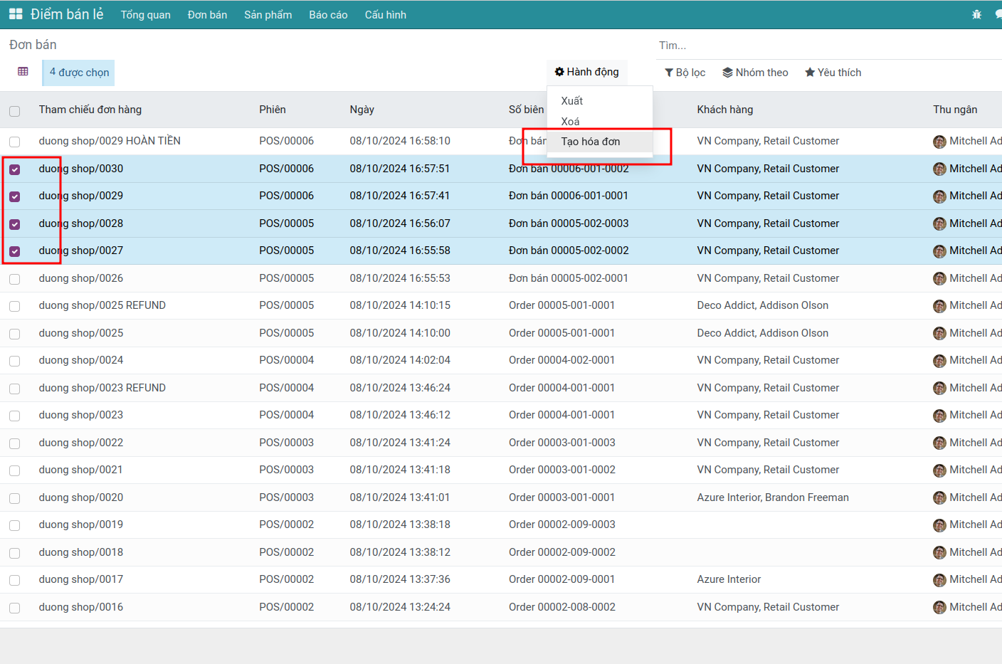 Tạo hóa đơn từ nhiều đơn pos