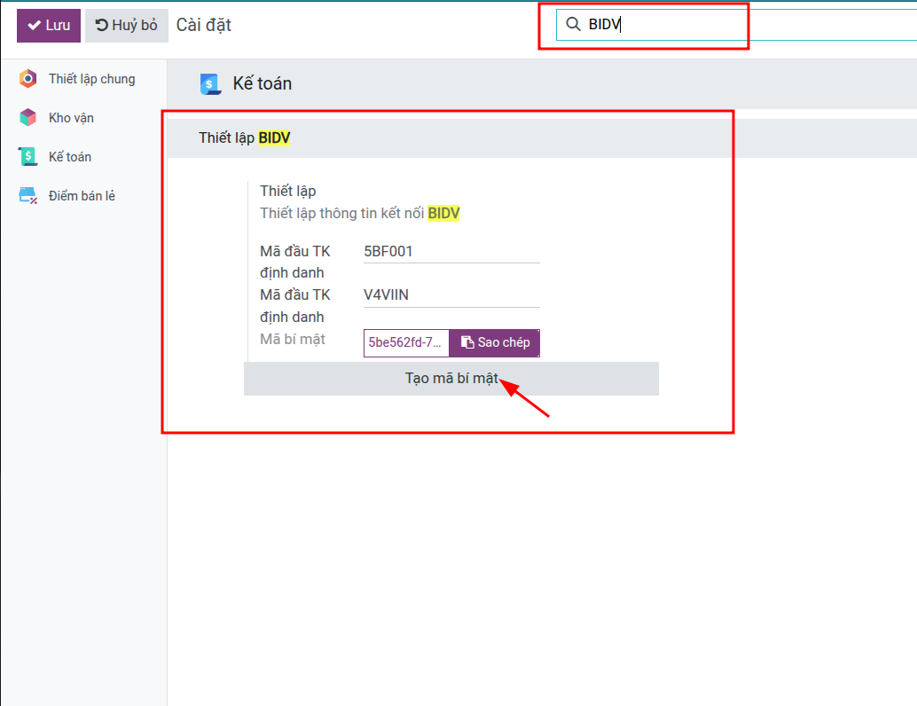 Cấu hình Mã đầu TK định danh và Mã bí mật