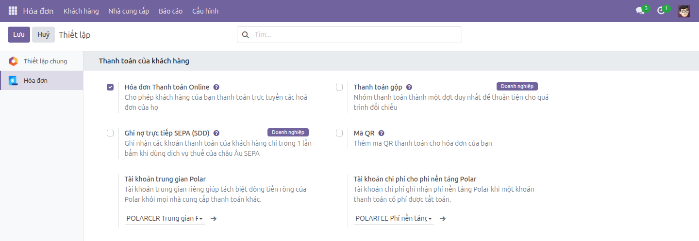 Tài khoản trung gian Polar và Tài khoản chi phí cho phí nền tảng Polar trong Thiết lập Kế toán