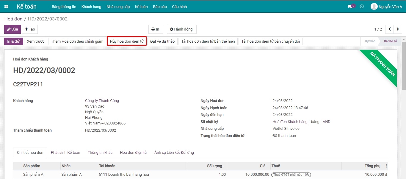 Bị chặn hủy trên một hóa đơn Viettel S-Invoice đã phát hành (chuyển hướng điều chỉnh/thay thế)