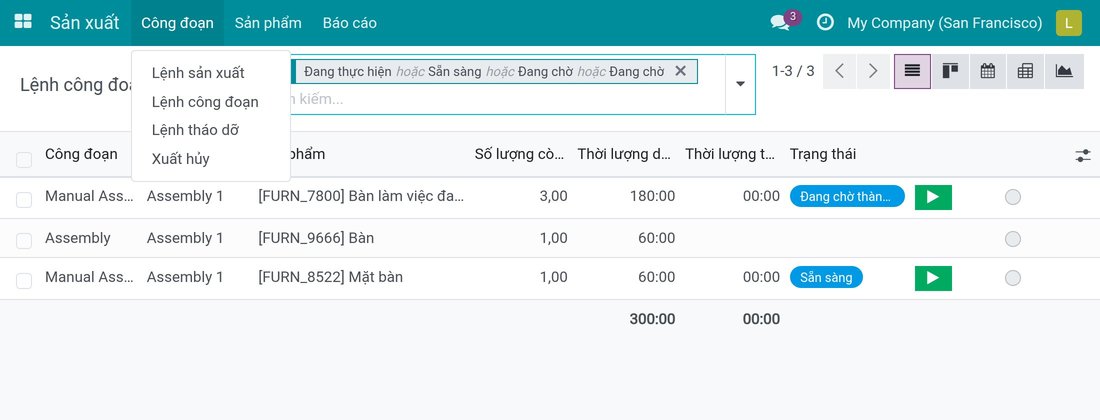 Menu Công đoạn với mục Lệnh công đoạn