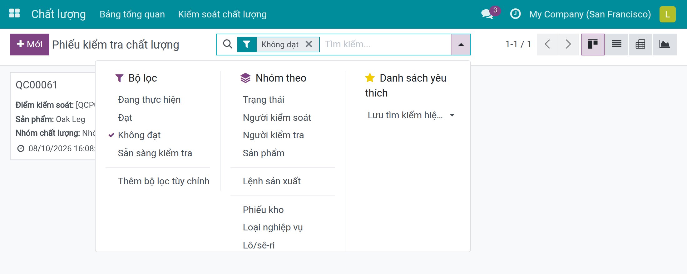 Phiếu kiểm tra chất lượng lọc theo Không đạt