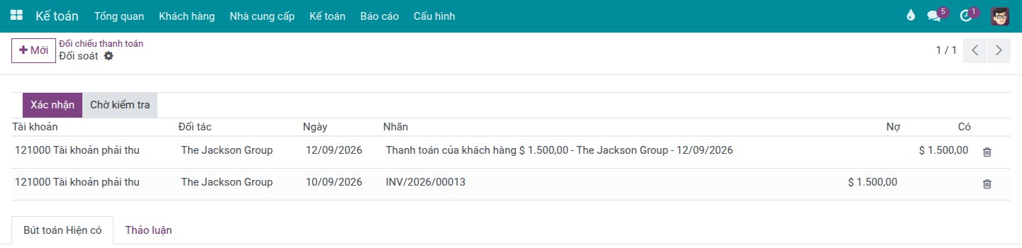 Màn hình Đối soát với một hóa đơn và một khoản thanh toán cùng số tiền