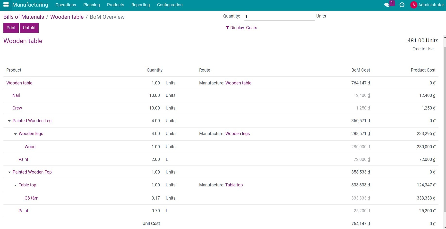 Multi-level BoM overview with costs in Viindoo Multi-level BoM overview with costs in Viindoo