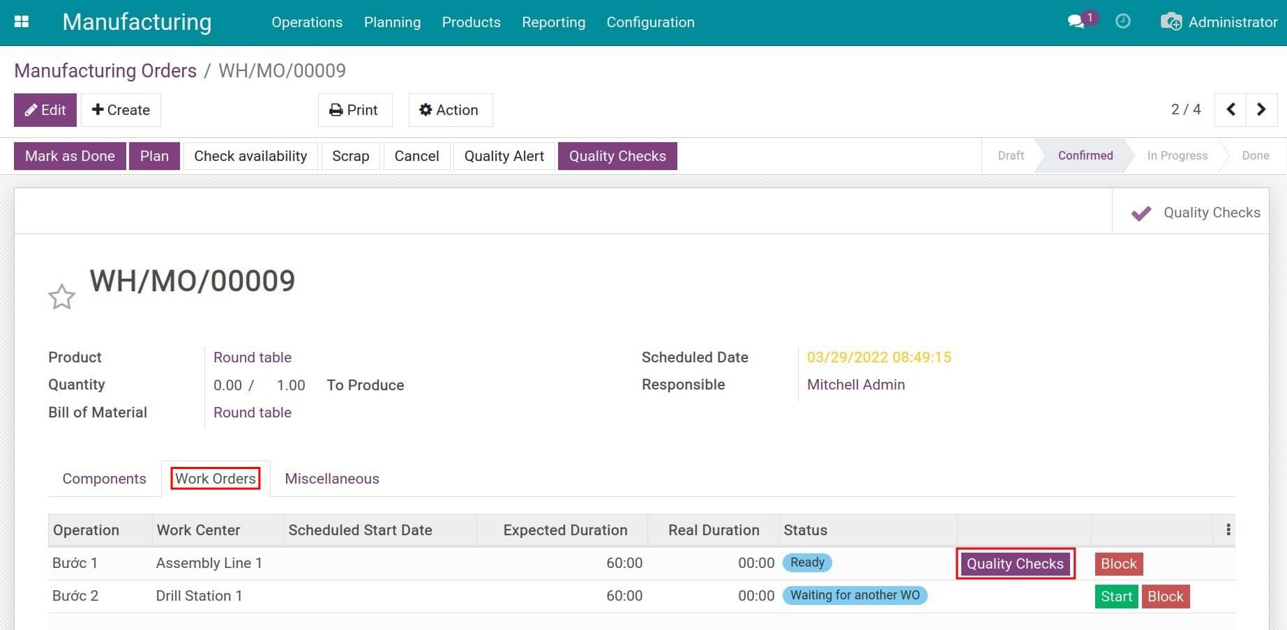 Quality checks on the operations of a manufacturing order in Viindoo Quality checks on the operations of a manufacturing order in Viindoo