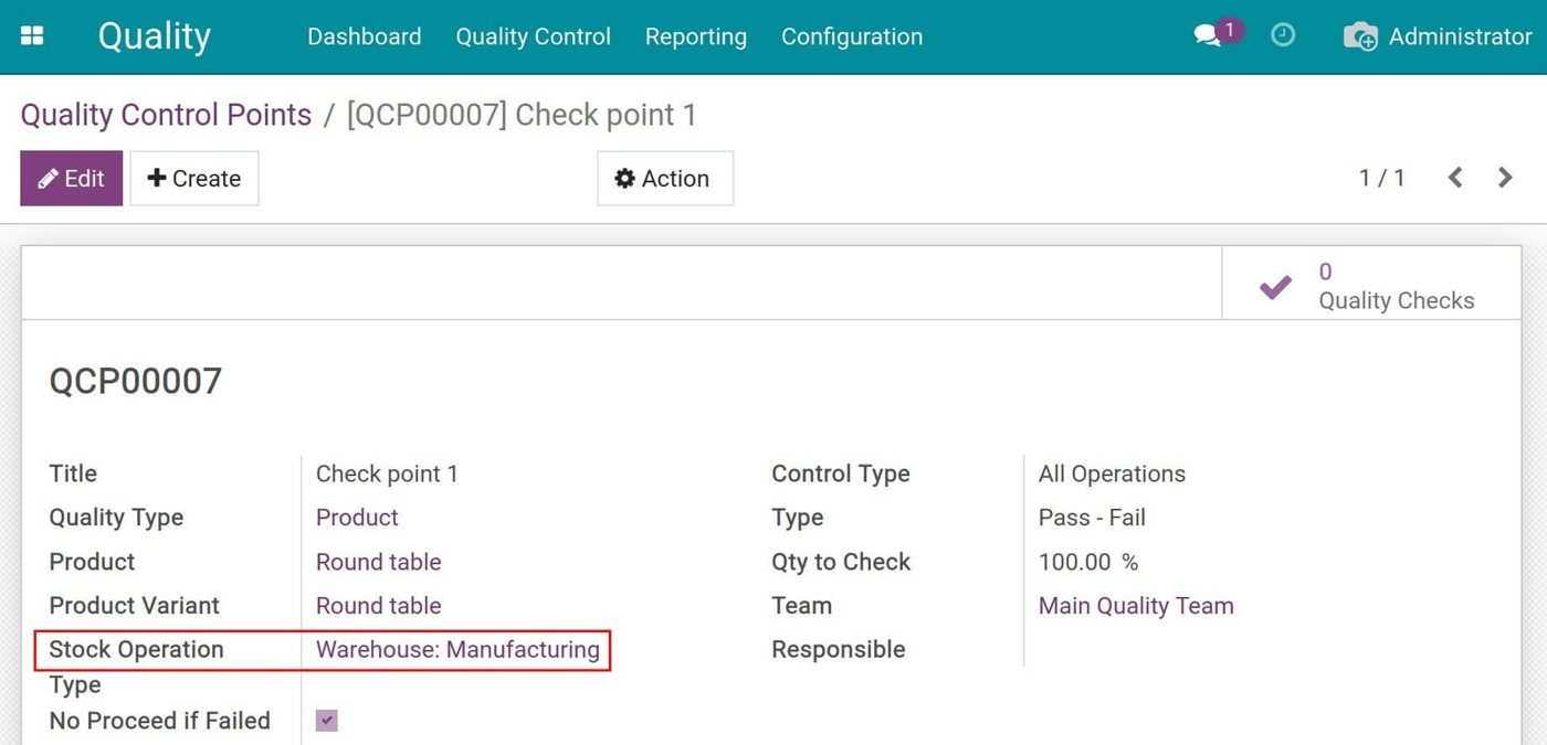 Quality control point set for one product and operation type in Viindoo Quality control point set for one product and operation type in Viindoo