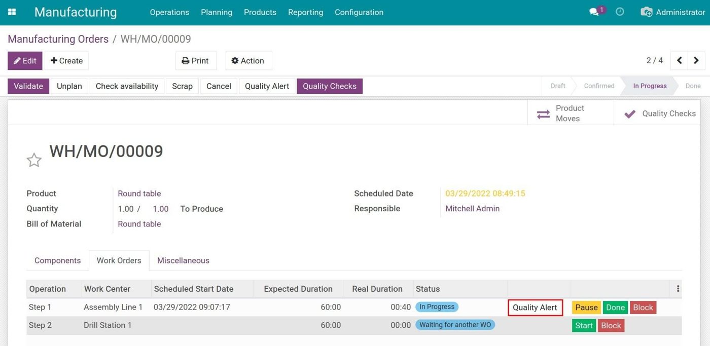 Creating a quality alert from a work order in Viindoo Creating a quality alert from a work order in Viindoo