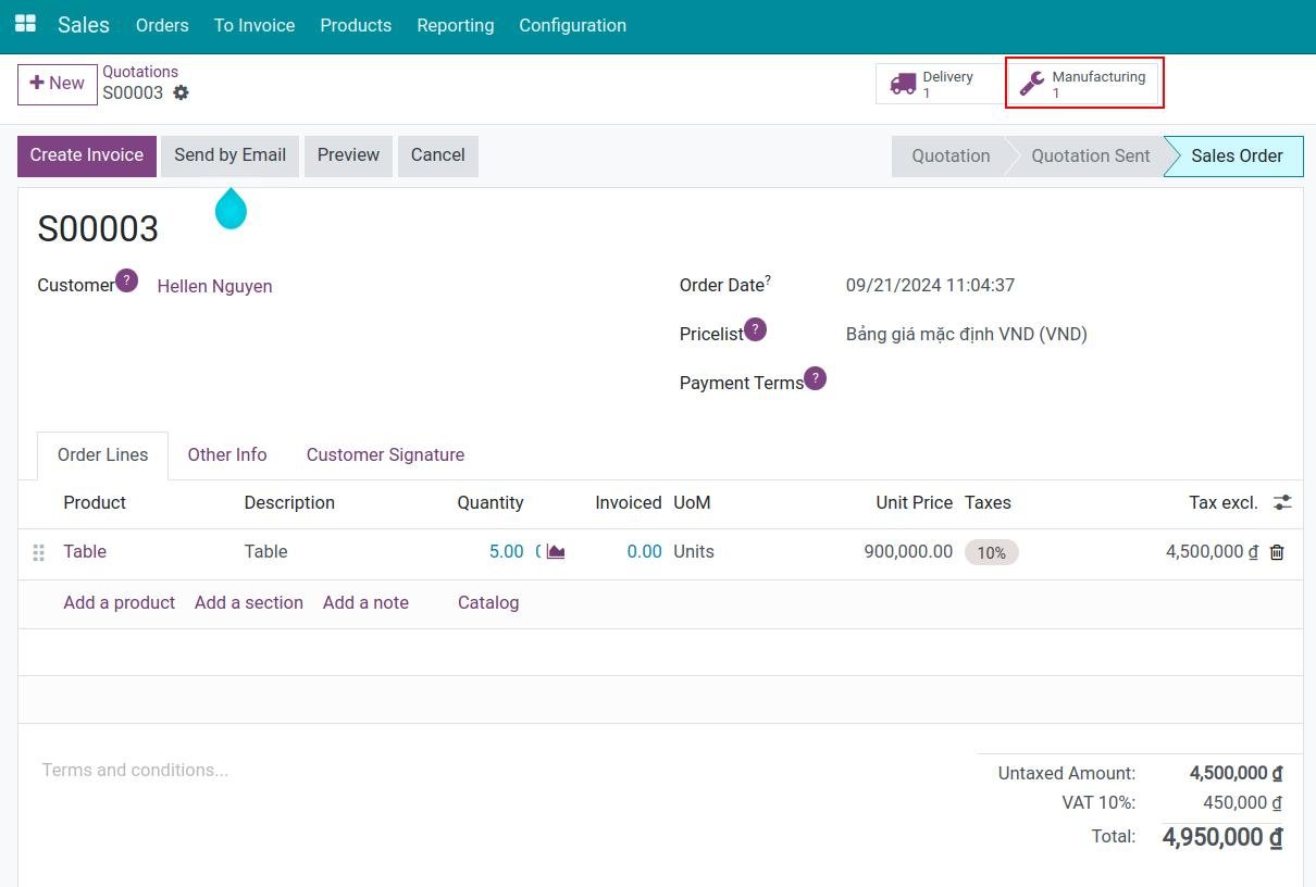 Sales order linked to its manufacturing order in Viindoo Sales order linked to its manufacturing order in Viindoo