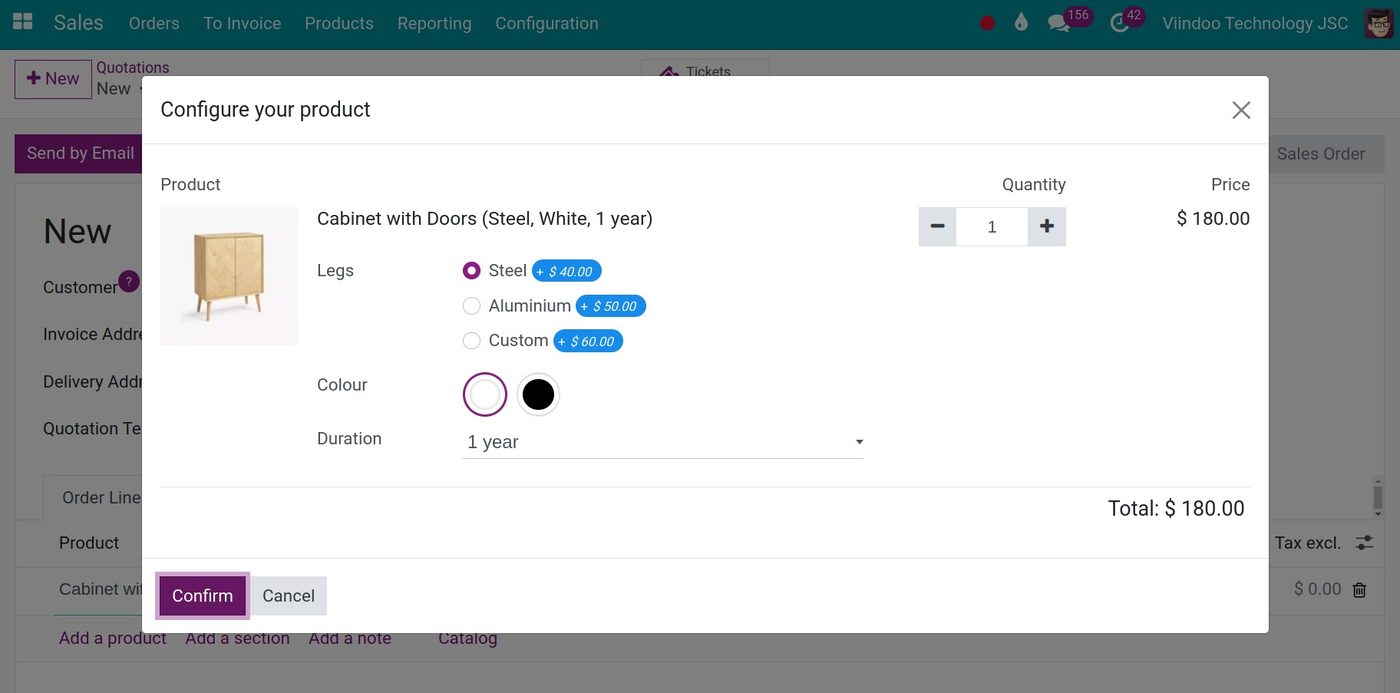 Configuring a product variant on a sales order line in Viindoo Configuring a product variant on a sales order line in Viindoo