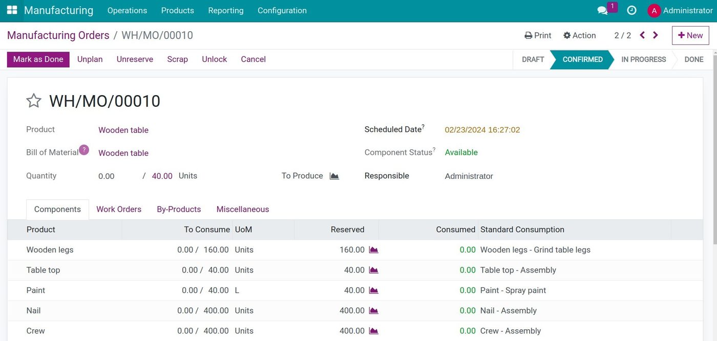 Component status on a manufacturing order in Viindoo Component status on a manufacturing order in Viindoo