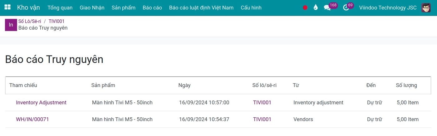 Báo cáo truy vết theo lô trong Viindoo Báo cáo truy vết theo lô trong Viindoo