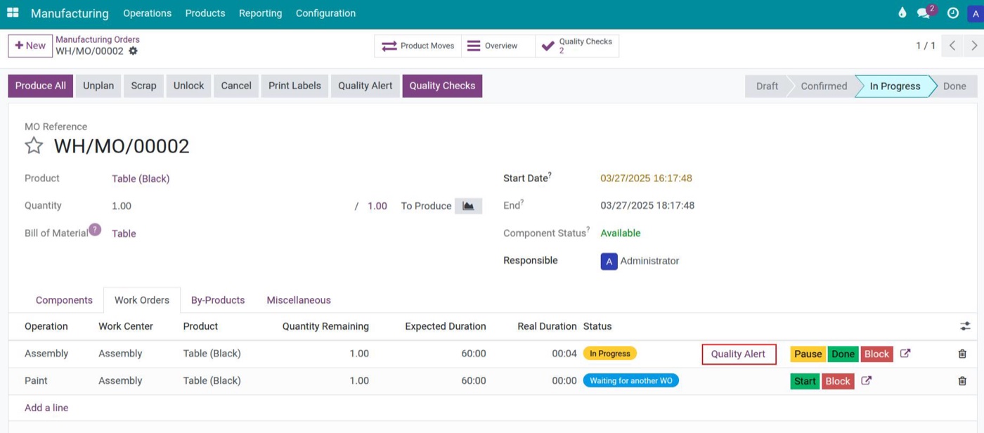 Quality alert created on a work order in a Viindoo manufacturing order Quality alert created on a work order in a Viindoo manufacturing order