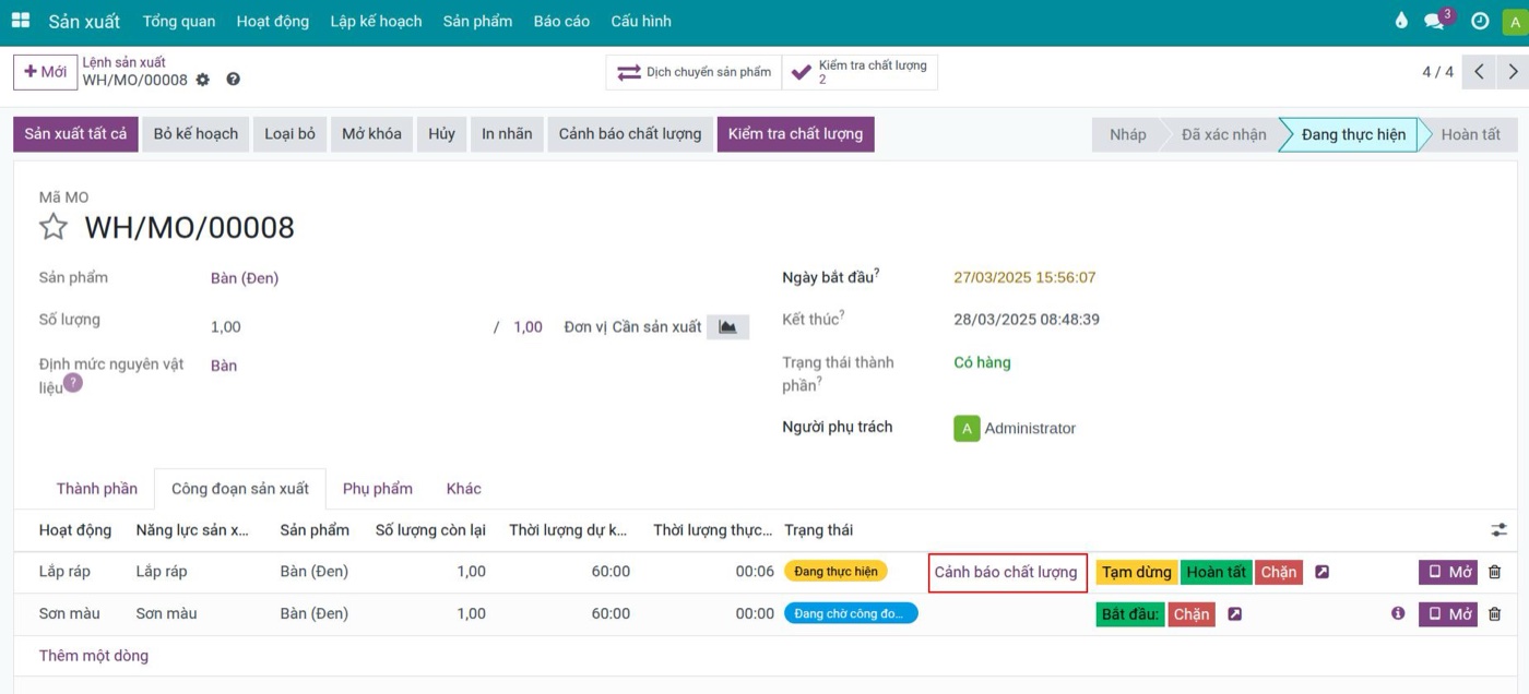 Cảnh báo chất lượng tạo ngay trên công đoạn của lệnh sản xuất Viindoo