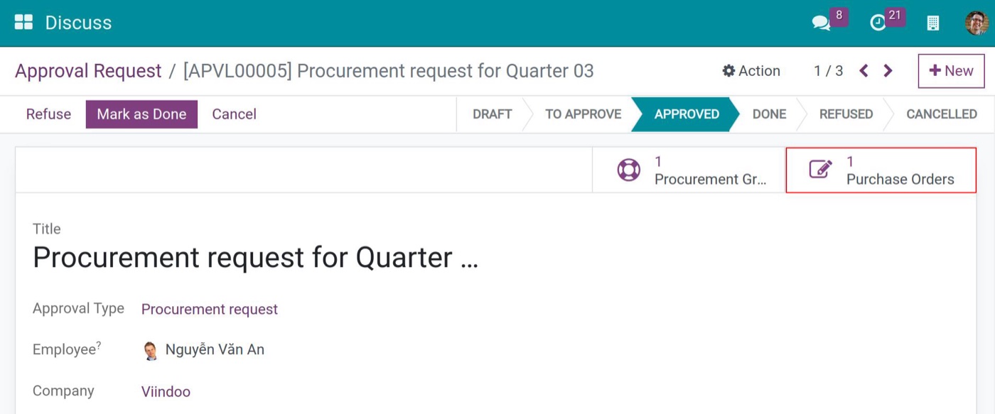 Approved procurement request in Viindoo with the linked purchase order Approved procurement request in Viindoo with the linked purchase order