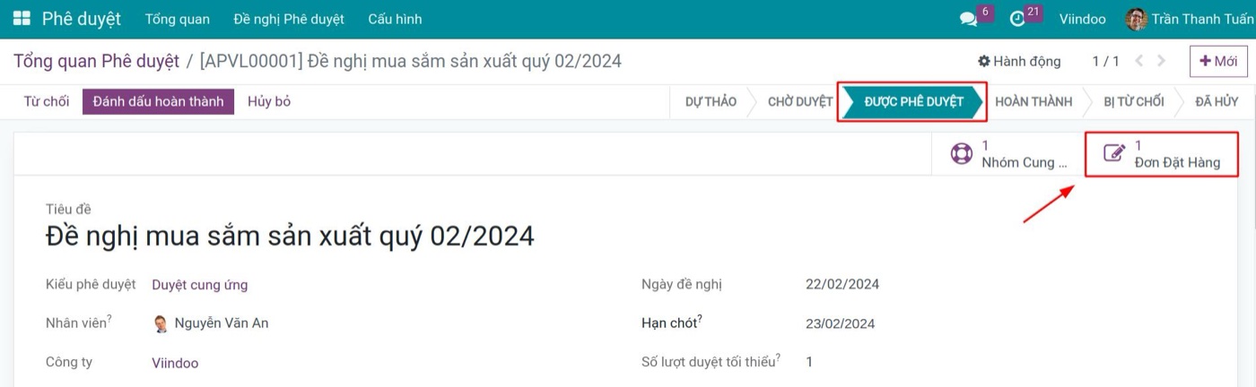 Đề nghị mua sắm đã được duyệt trong Viindoo kèm đơn mua liên kết