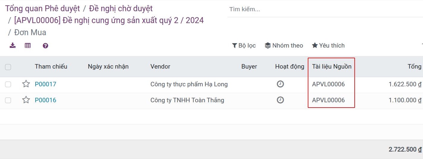 Đơn mua trong Viindoo được tạo từ đề nghị mua sắm đã duyệt