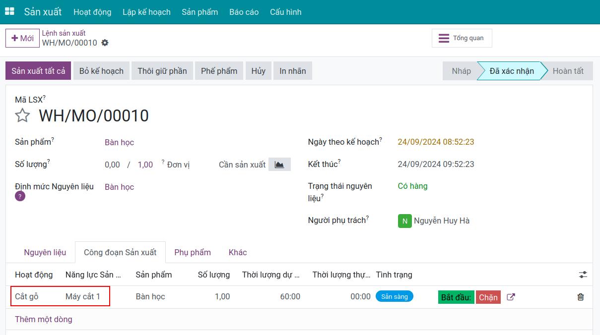 Lệnh sản xuất trong Viindoo dùng năng lực sản xuất thay thế