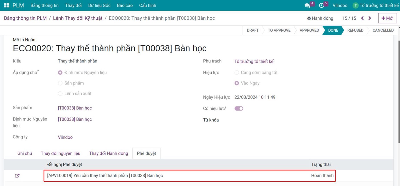 Lệnh thay đổi kỹ thuật đã hoàn thành trong Viindoo kèm đề nghị phê duyệt và ngày hiệu lực
