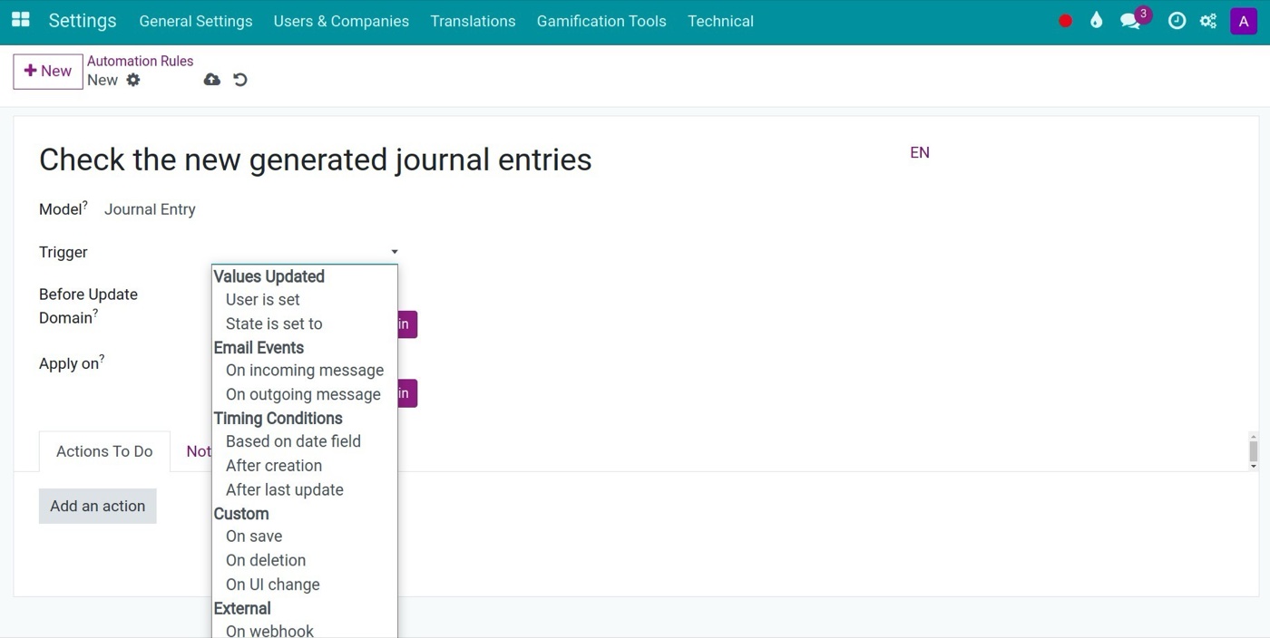 Trigger types of an automation rule in Viindoo Trigger types of an automation rule in Viindoo