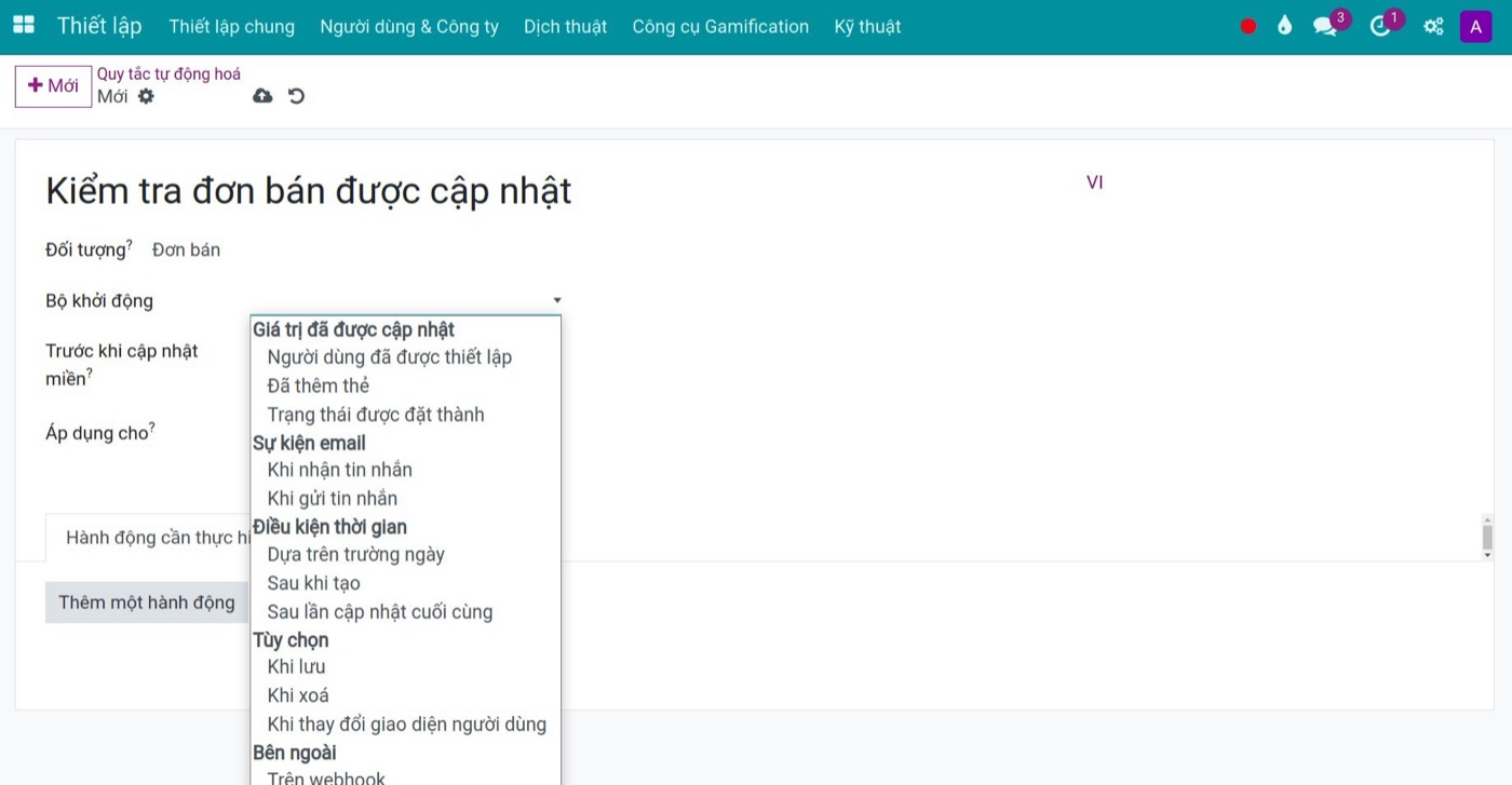 Các loại bộ khởi động của quy tắc tự động hóa trong Viindoo
