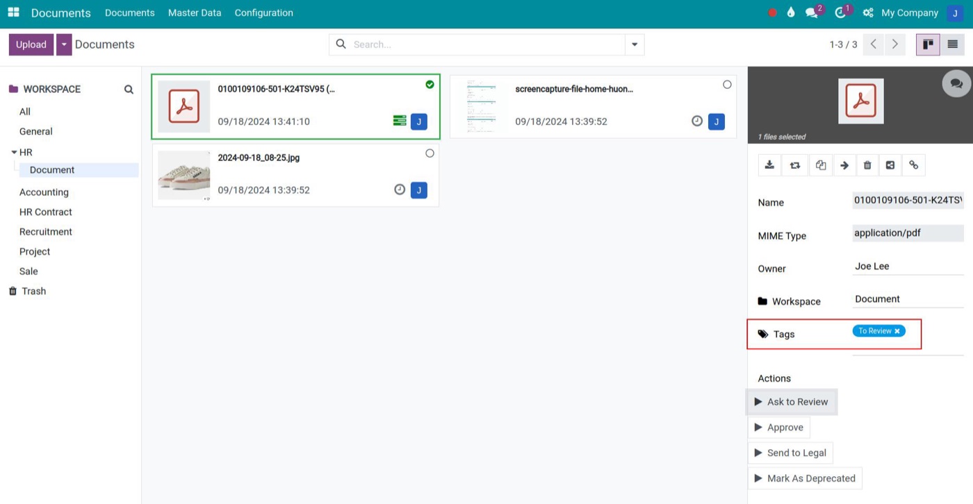 Document approval action in Viindoo that tags the document and assigns a review activity Document approval action in Viindoo that tags the document and assigns a review activity