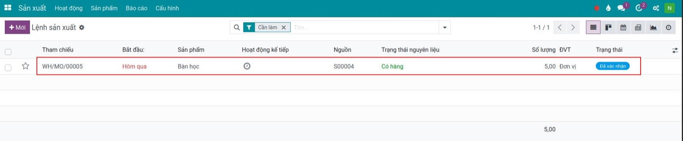 Lệnh sản xuất trong Viindoo có đơn bán ở cột nguồn