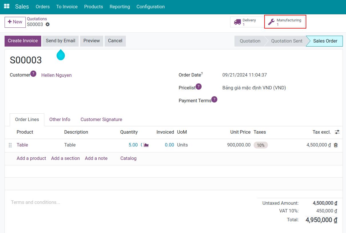 Sales order in Viindoo with a manufacturing order created automatically through MTO Sales order in Viindoo with a manufacturing order created automatically through MTO