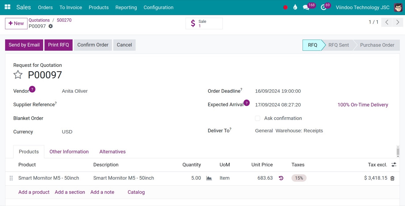 Draft purchase order in Viindoo generated from a sales order through purchase and MTO routes Draft purchase order in Viindoo generated from a sales order through purchase and MTO routes