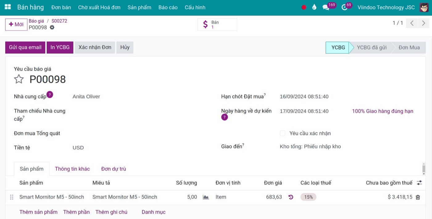 Đơn mua nháp trong Viindoo sinh từ đơn bán qua route mua và MTO