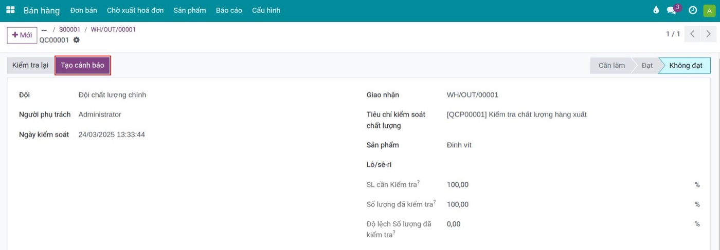Phiếu kiểm tra chất lượng không đạt trong Viindoo với nút Tạo cảnh báo