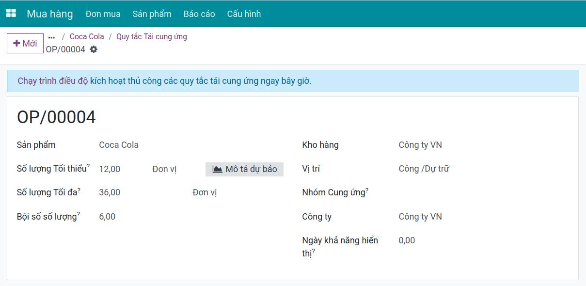 Quy tắc tái cung ứng trong Viindoo với số lượng tối thiểu, tối đa và bội số