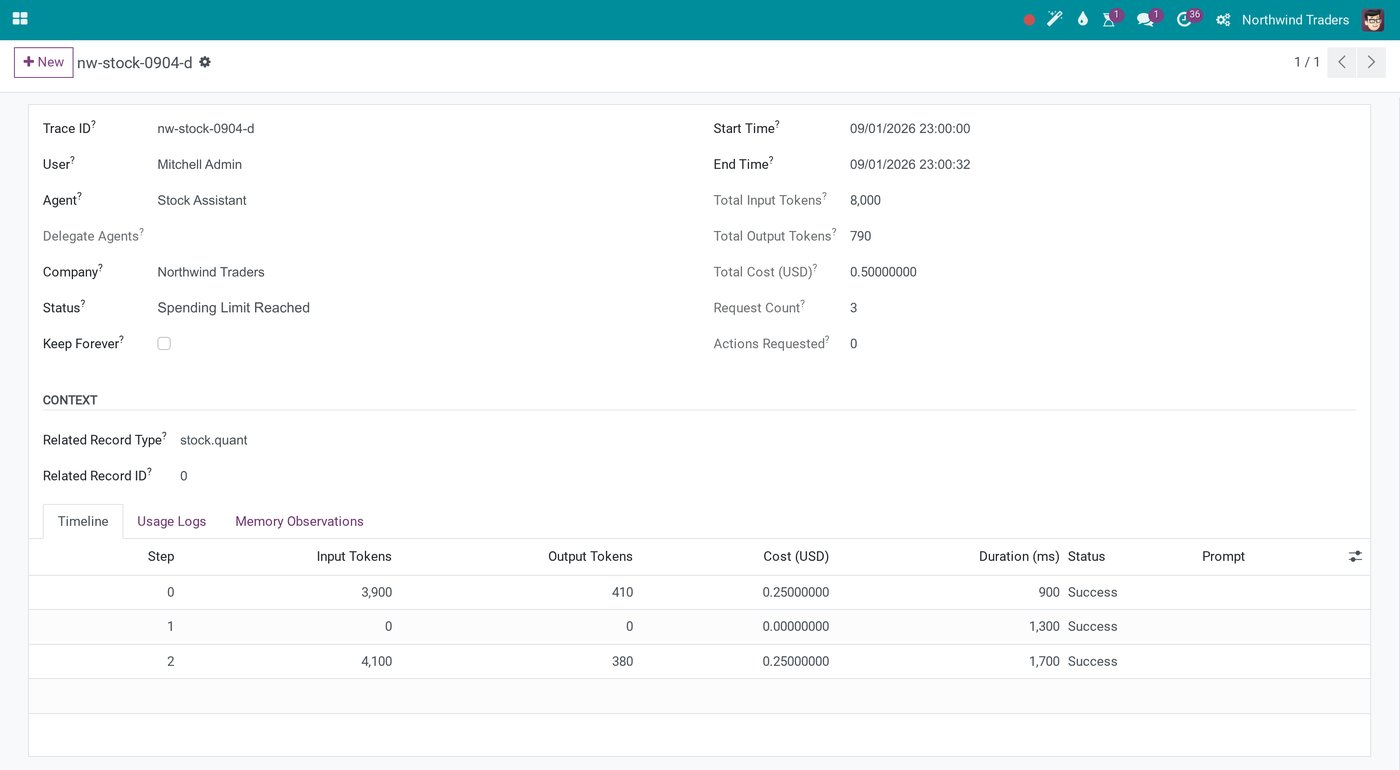 Viindoo AI trace showing the agent, cost, tokens and status of each step Viindoo AI trace showing the agent, cost, tokens and status of each step