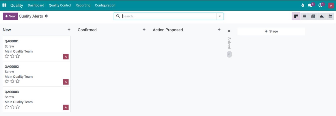 Quality alerts in Viindoo grouped by stage, a data source for AI in Kaizen and ERP Quality alerts in Viindoo grouped by stage, a data source for AI in Kaizen and ERP