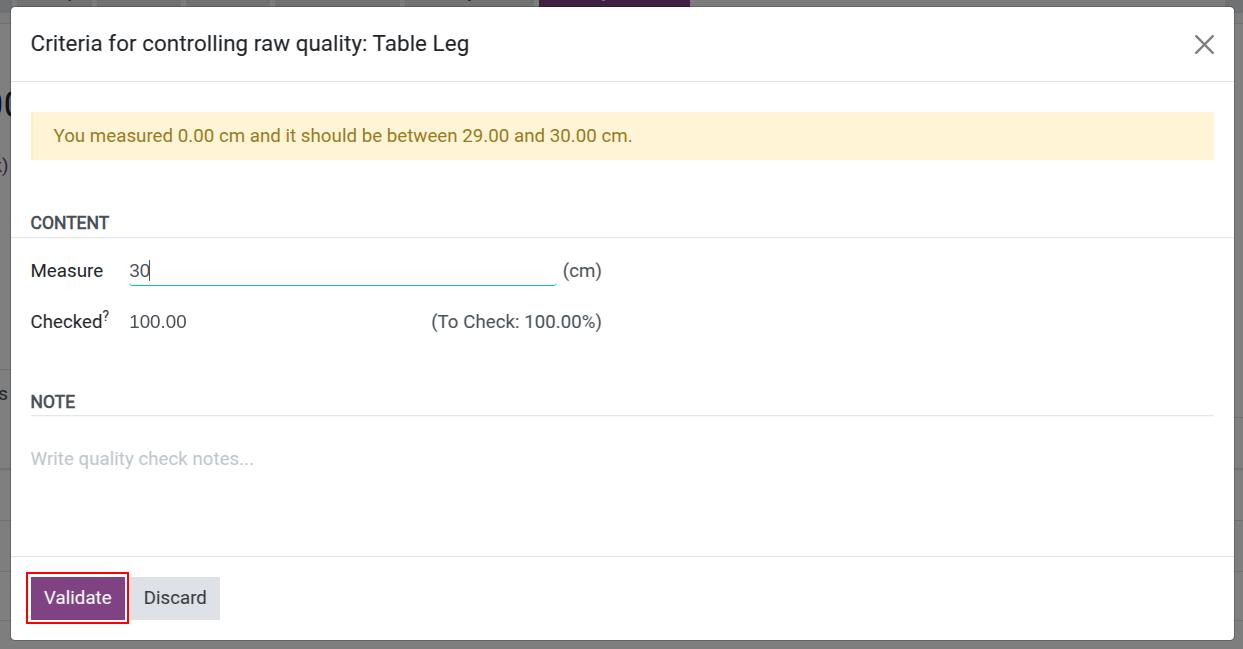 Quality check in a Viindoo manufacturing order warning that a measurement is outside tolerance Quality check in a Viindoo manufacturing order warning that a measurement is outside tolerance