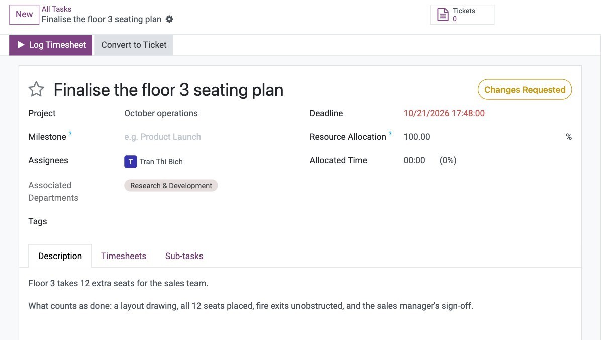 A Viindoo task showing the assignee, the deadline in red and the acceptance criteria in the description