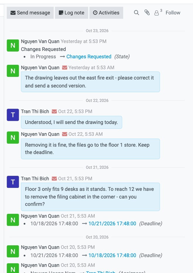 The message thread of a Viindoo task with the negotiation and the logged changes of assignee and deadline